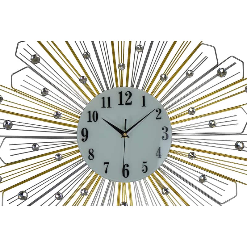 HomeRoots 27" Gold Silver And Metal And Faux Crystals Silent Analog Sunburst Wall Clock - 27.00 in. x 27.00 in. x 1.50 in.