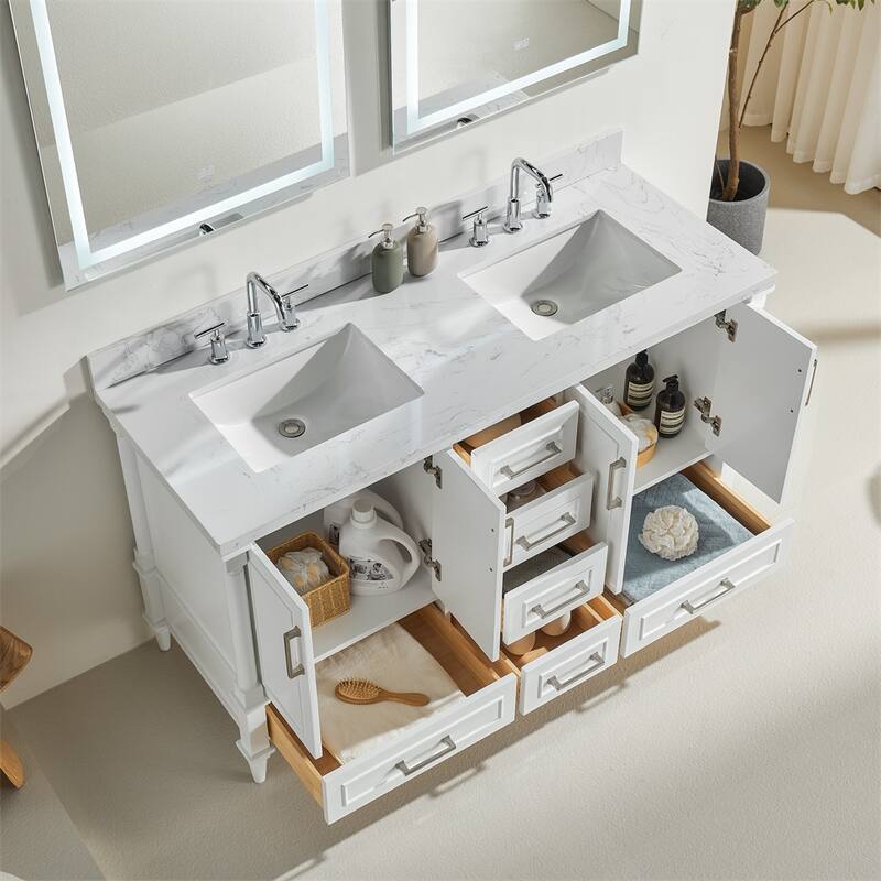 60" Double Bathroom Vanity with Adjustable Hinge & Soft Close Drawers