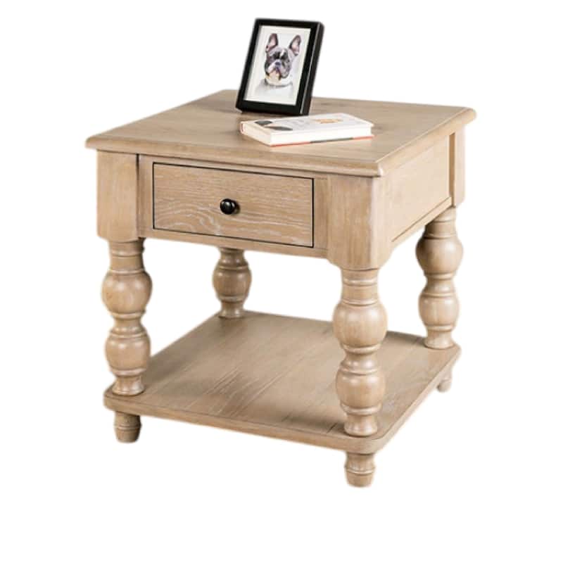 Cherie Square End Table, 1 Drawer, Shelf, Light White Wash, 24 Inch