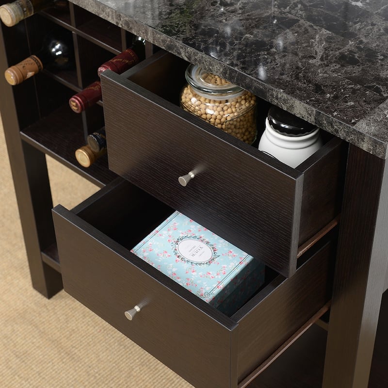 Wood Bakers Cabinet with Three Display Shelves and Wine Compartment, Espresso