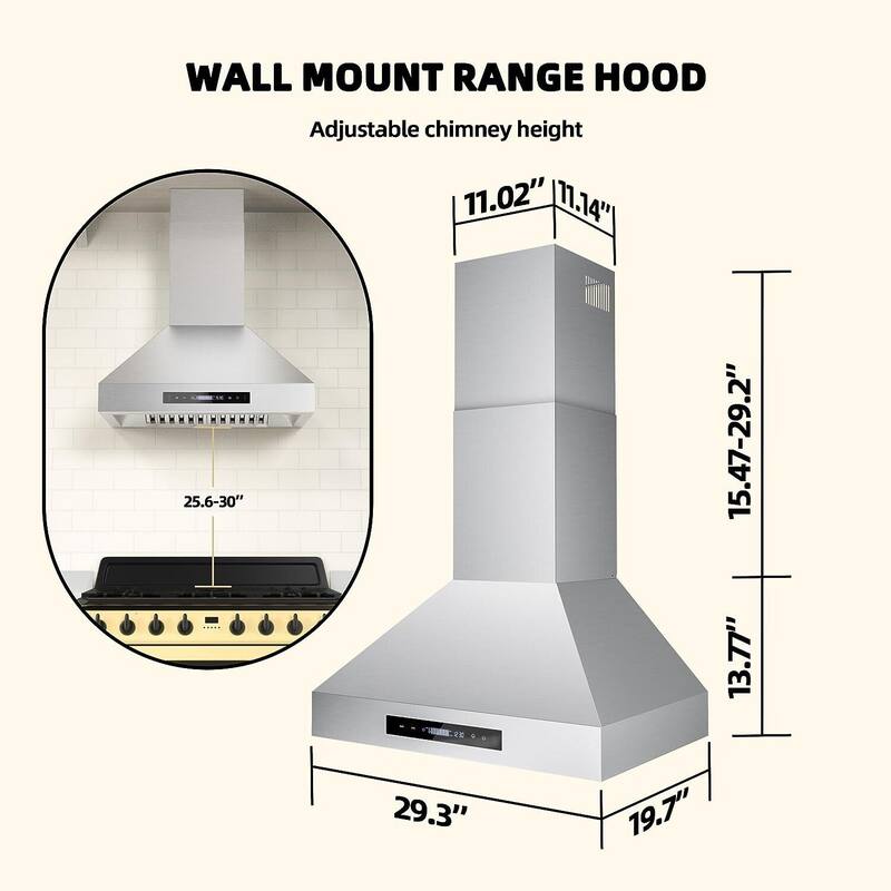 30 inch Wall Mount Range Hood 900 CFM Stainless Steel Kitchen Vent Power Suction Touch Control