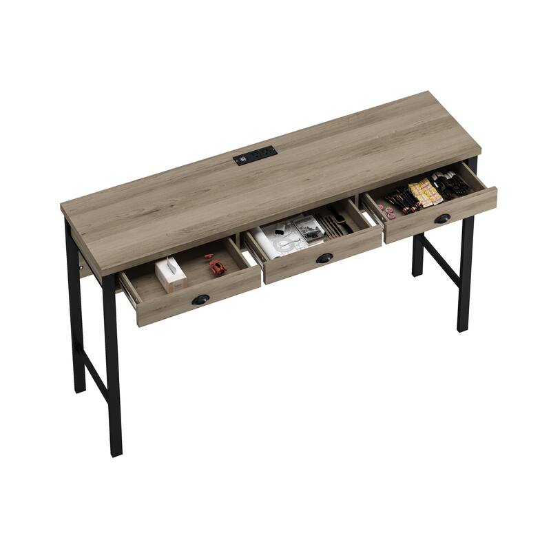 3-Drawer Long Dining Table Set with Power Outlets