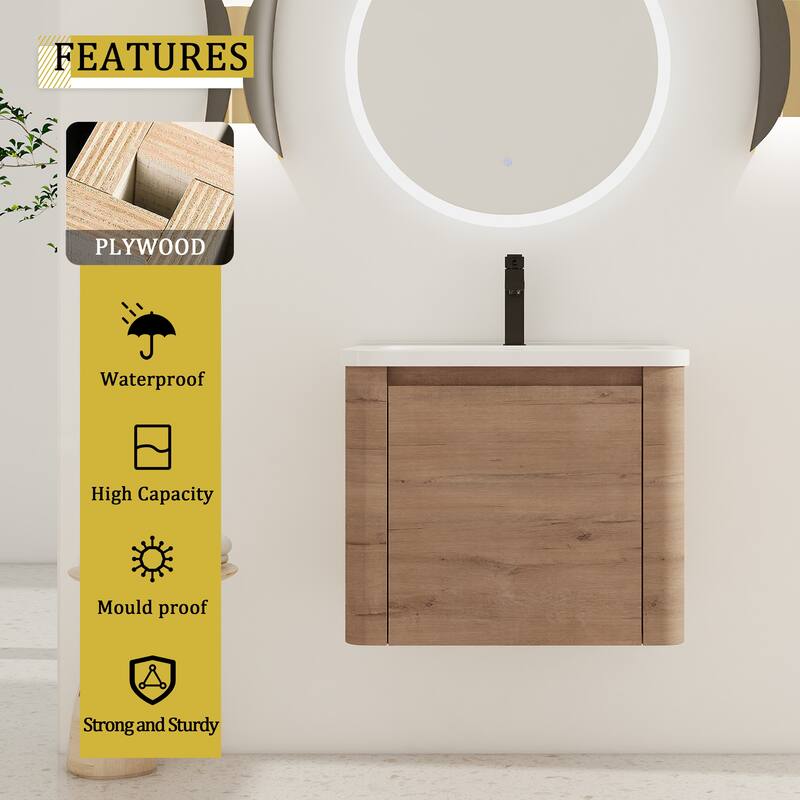 24'' Wall-Mounted Bathroom Vanity with White Ceramic Sink & 1-Soft-Close Door, KD-Packing, Plywood