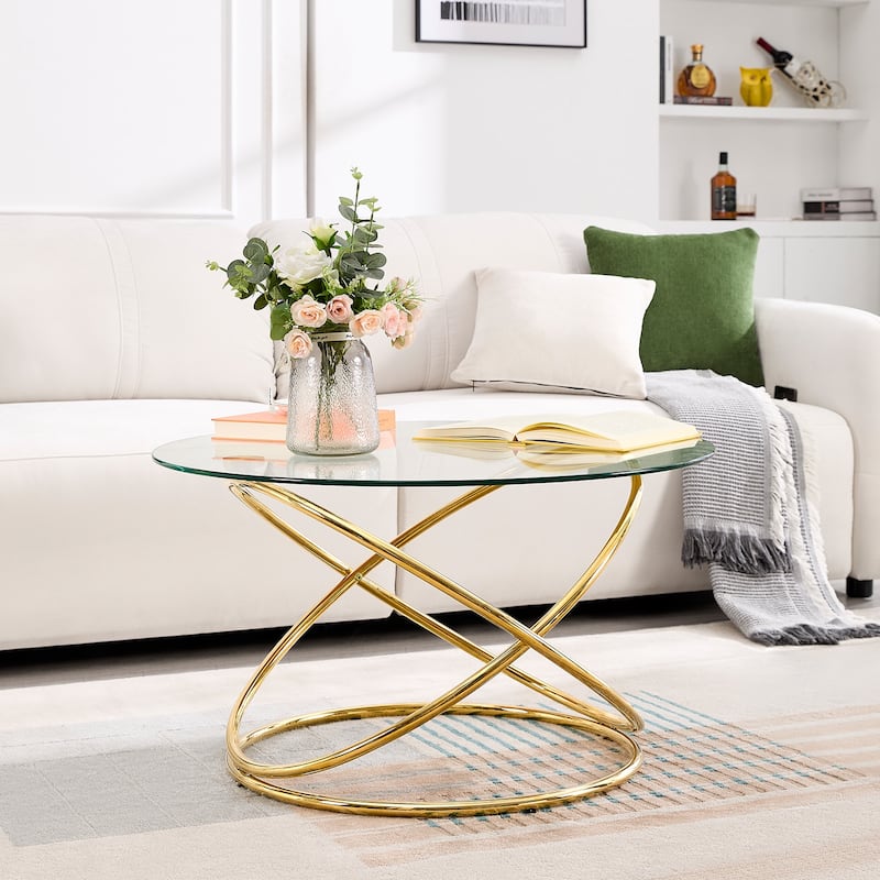 Tempered Glass Top Round Coffee Table with Metal Base - 31.5"Dia Top x 17.7"H x 23.6"Dia Base