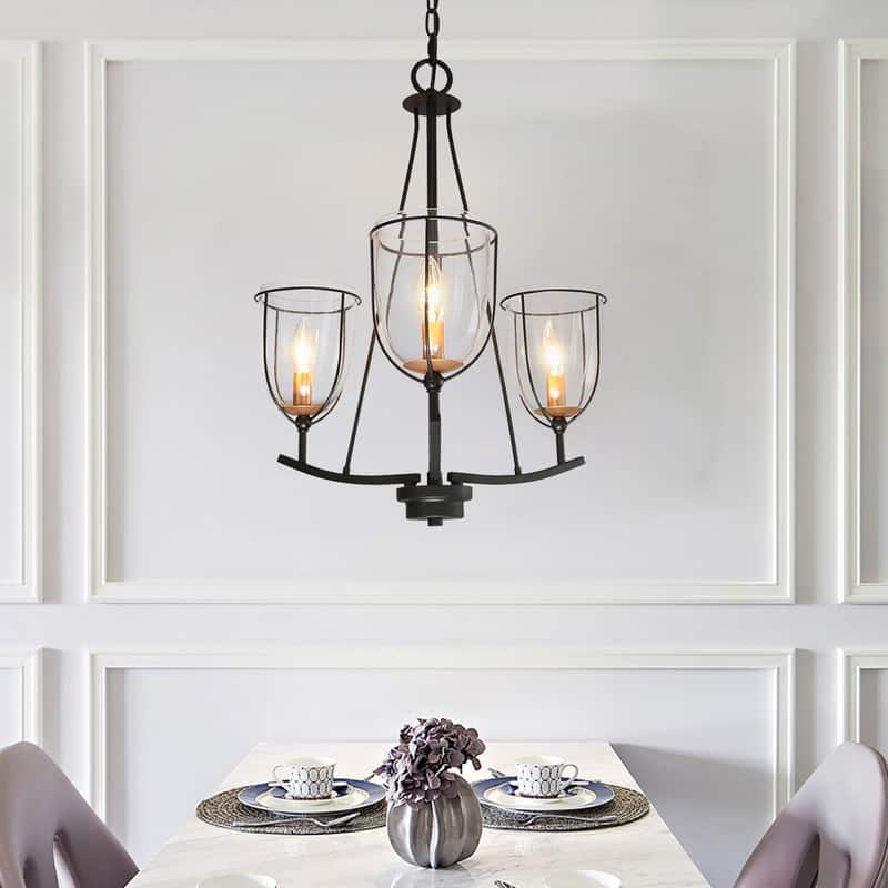 Modern Farmhouse 3-Light Glass Chandelier Black Metal Frame Entryway Hanging Lights - D19" x H82"