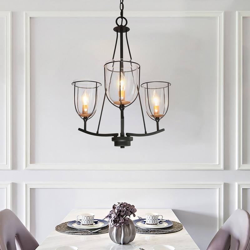 Modern Farmhouse 3-Light Glass Chandelier Black Metal Frame Entryway Hanging Lights - D19" x H82"