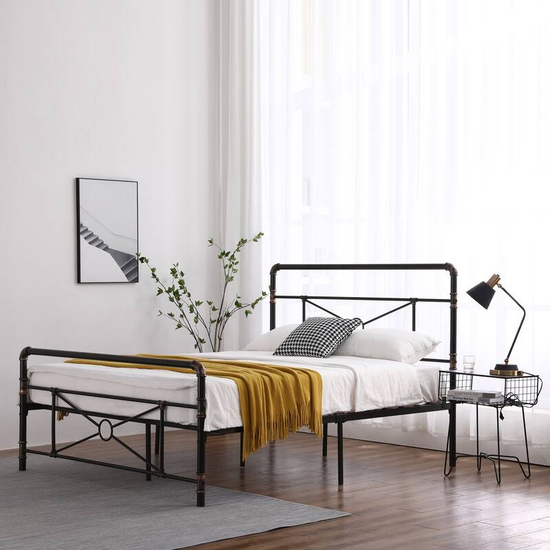Single-layer Water Pipe Bed with Cross Design and Foot End Black Iron Bed