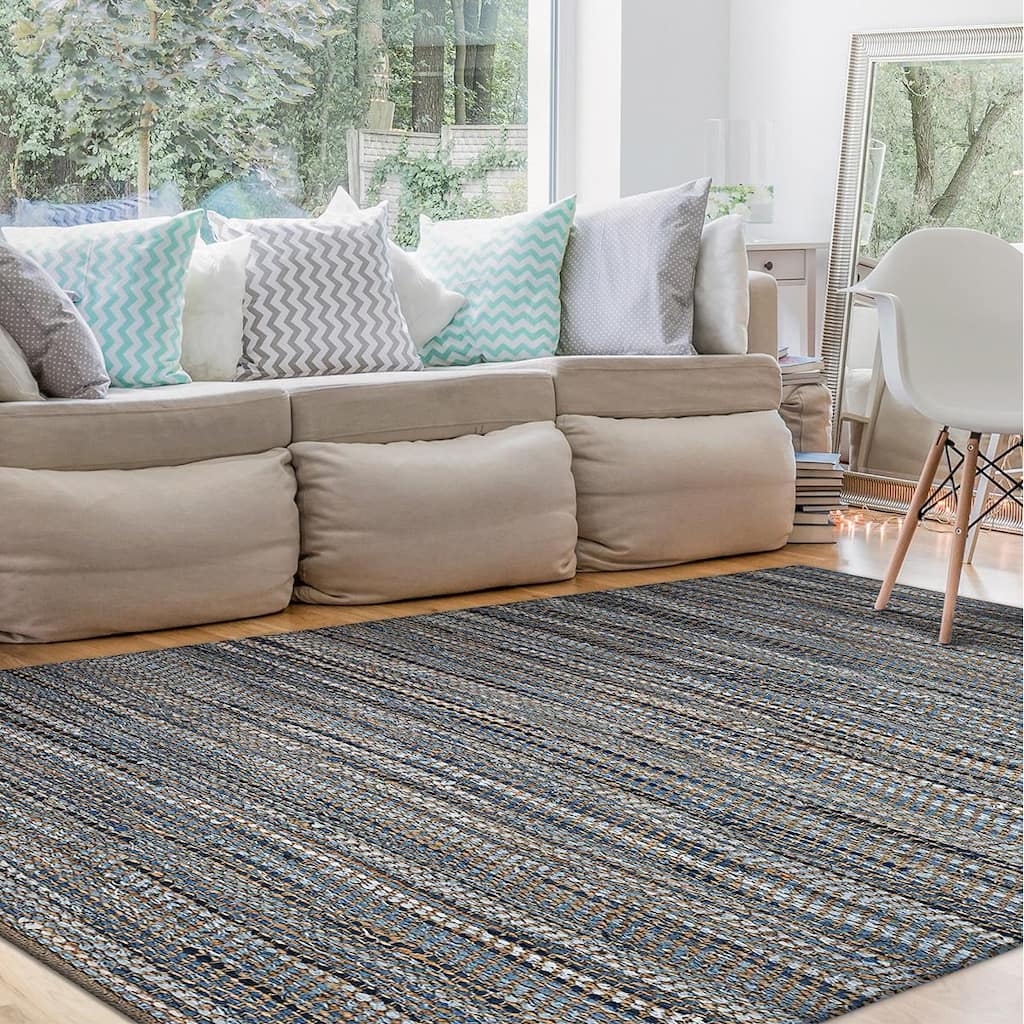 Handmade Green Leaves Dusk Denim Area Rug