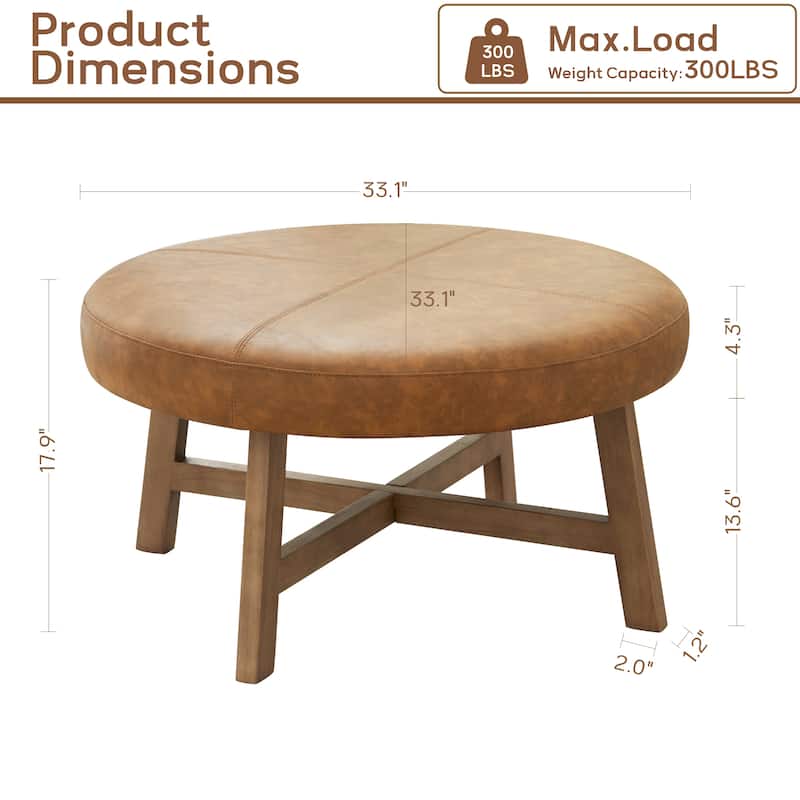 Round Upholstered Coffee Table with Solid Wood Base, Modern Fabric Ottoman Table for Living Room