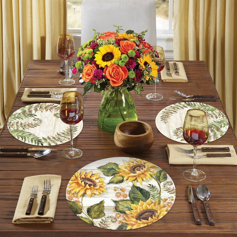 Reversible Wipeclean Round Shaped Placemats Set of 4 Sunflowers On