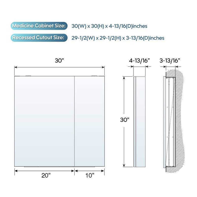 Recessed or Surface Wall Mount Bathroom Medicine Cabinet With Adjustable Glass Shelves