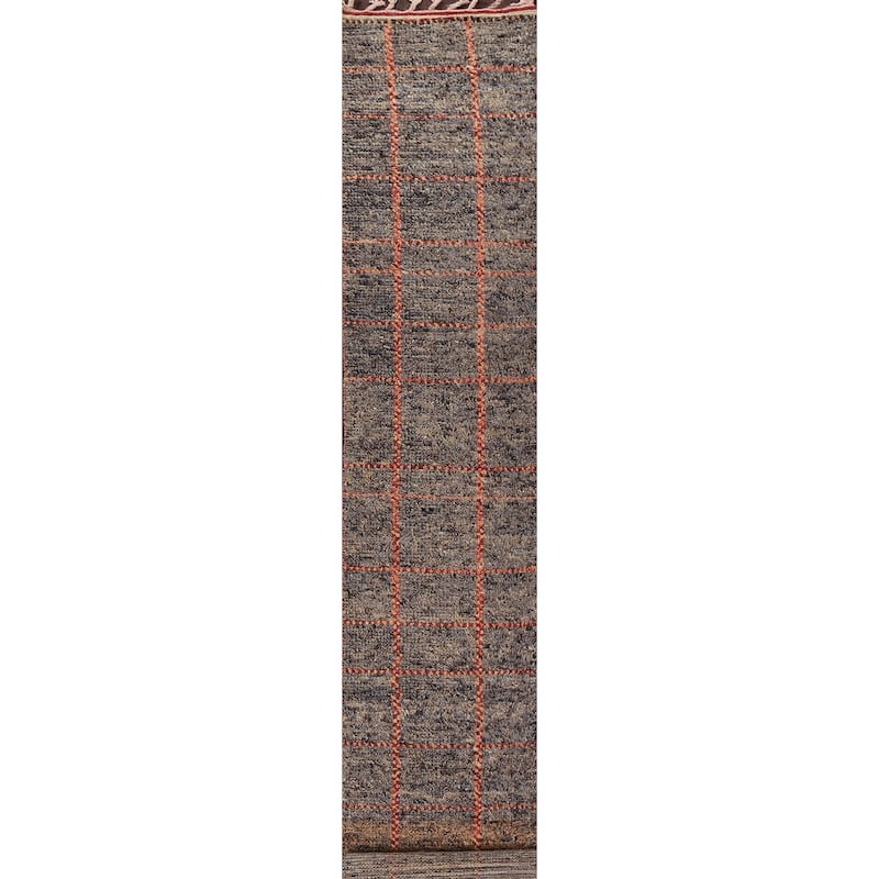Geometric Checkered Moroccan Oriental Runner Rug Handmade Wool Carpet - 1'10" x 17'3"