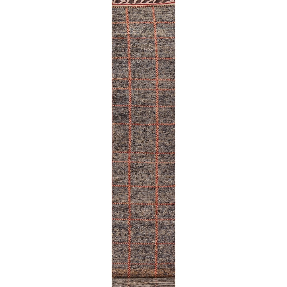 Geometric Checkered Moroccan Oriental Runner Rug Handmade Wool Carpet - 1'10" x 17'3"