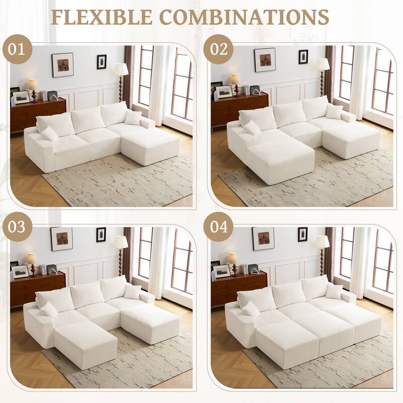 Oversized Floor Sectional Sofa with 3 Ottoman, Convertible Sofa Bed 3-Seater Modular Cloud Couch w/ Chaise for Living Room