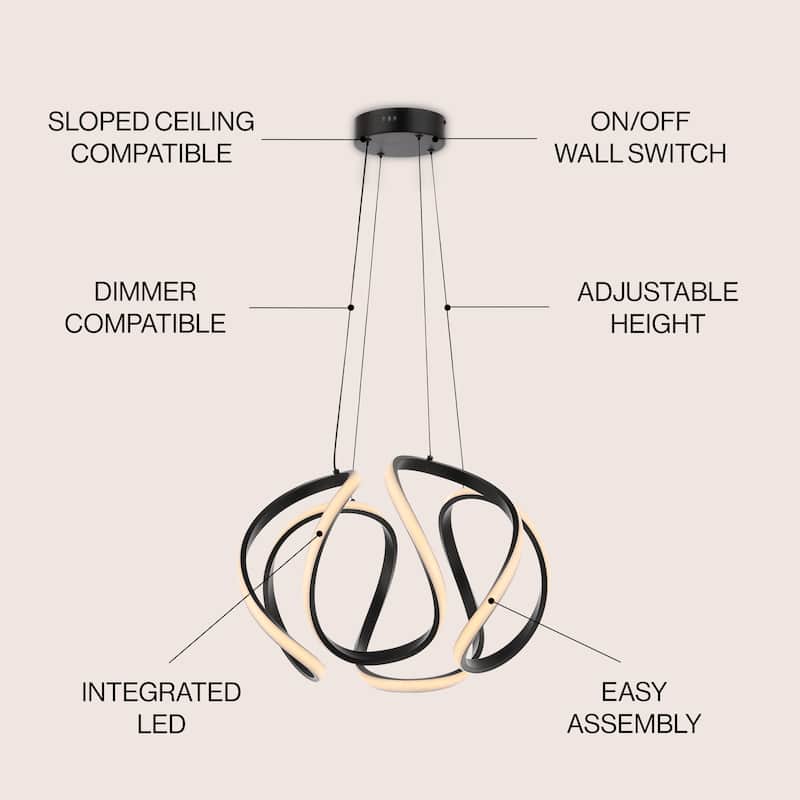 Whirl 18.5" 1-Light Contemporary Designer Aluminum/Iron Scribble Integrated LED Pendant Light, Black by JONATHAN Y