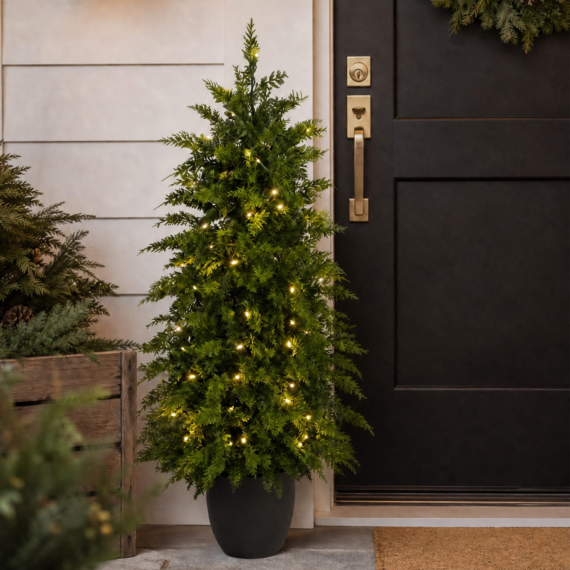 Glitzhome 3FT/4FT/5FT Pre-lit Christmas Artificial Cedar Porch Tree with 70/100/150 Lights