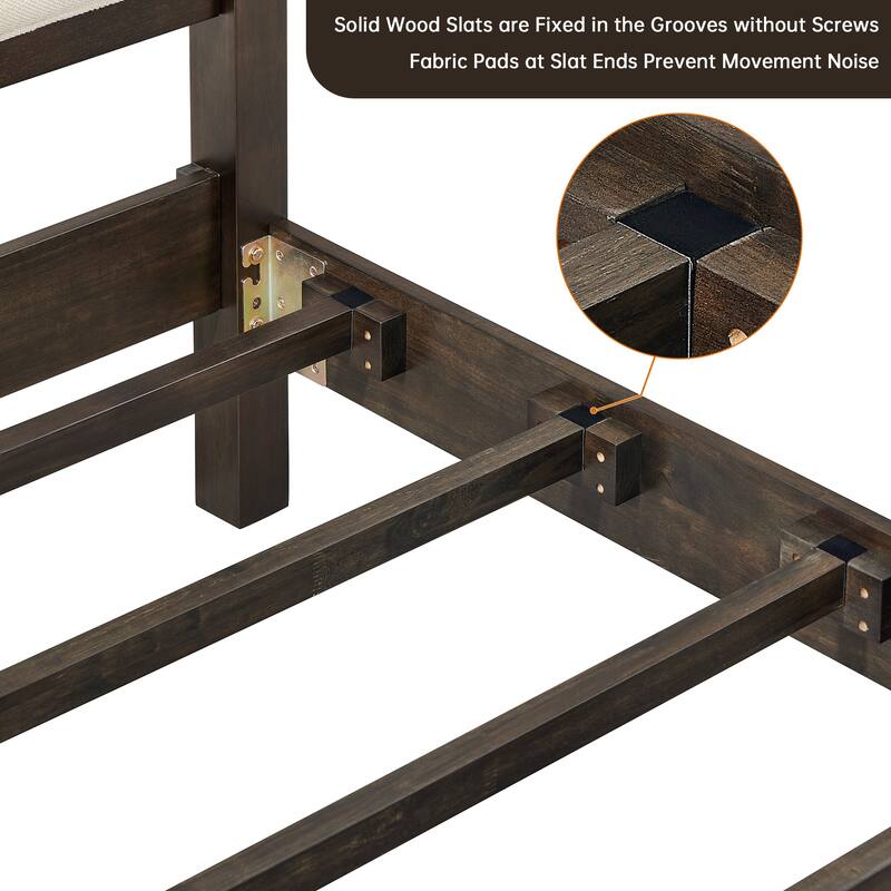 Classic Turned Post Wood Bed Frame with Upholstered Headboard, Sturdy Screw-Free Slats and Noise-Free Support