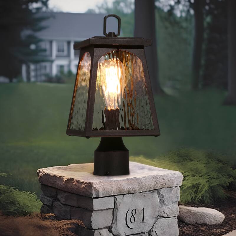 Modern Farmhouse 1-Light Outdoor Post Light Black Lantern with Water Ripple Clear Glass - W 6.7" x H 14.6"