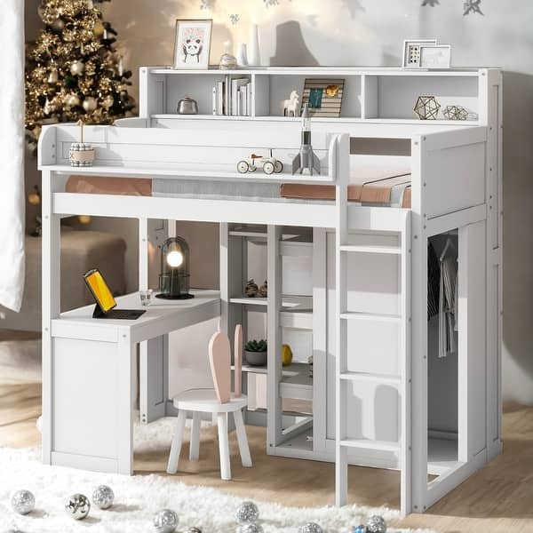 slide 2 of 14, Wood Twin Size Loft bed with Multiple Storage Shelves and Wardrobe, White White