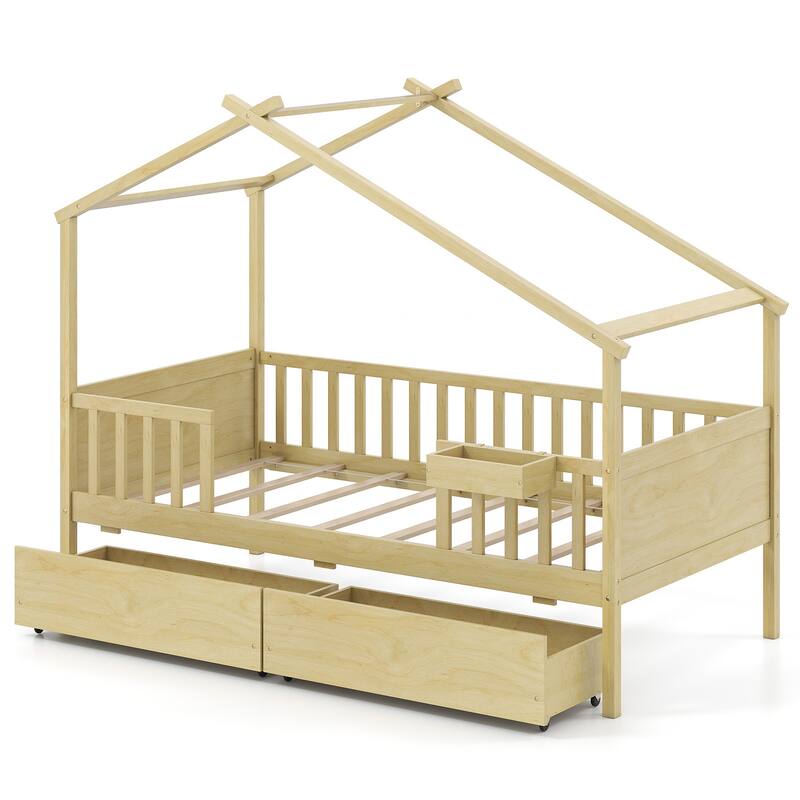 Gymax Twin House Bed w/ 2 Storage Drawers Roof & Fence Rails Headboard