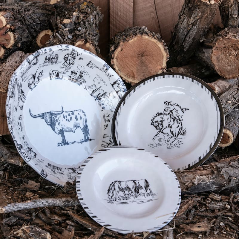 Paseo Road Ranch Life Western Cowboy 14 Piece Melamine Dinnerware Set
