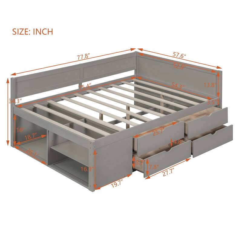 Nordic Creative Full Size Daybed with Drawers and Shelves Storage Bed Frame for Kids Teens Adults Space-Saving, Easy Assembly