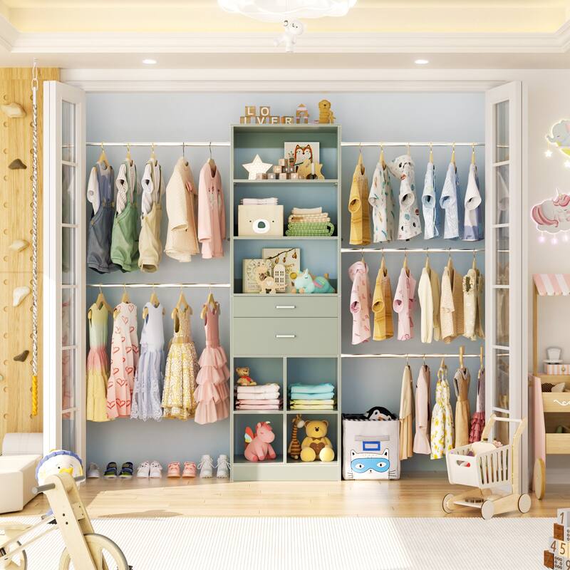 66''-100'' Walk-in Closet Organizer with 5 Hanging Rods and 2 Wooden Drawers，4-8FT Sturdy Closet System with Storage Shelves