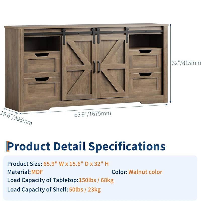 66" Farmhouse TV Stand, Entertainment Center with 4 Drawers for Up to 70 Inch TVs