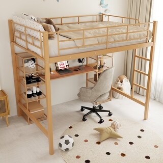 Full Size Metal Loft Bed with Built-in Desk and Two 4-Tier Shelves