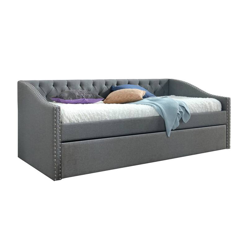 Luxurious 1pc Modern Daybed Button Tufted Nailhead Trim Armrest Pull Out Trundle Bedroom Living Room Furniture Gray Finish - Gray