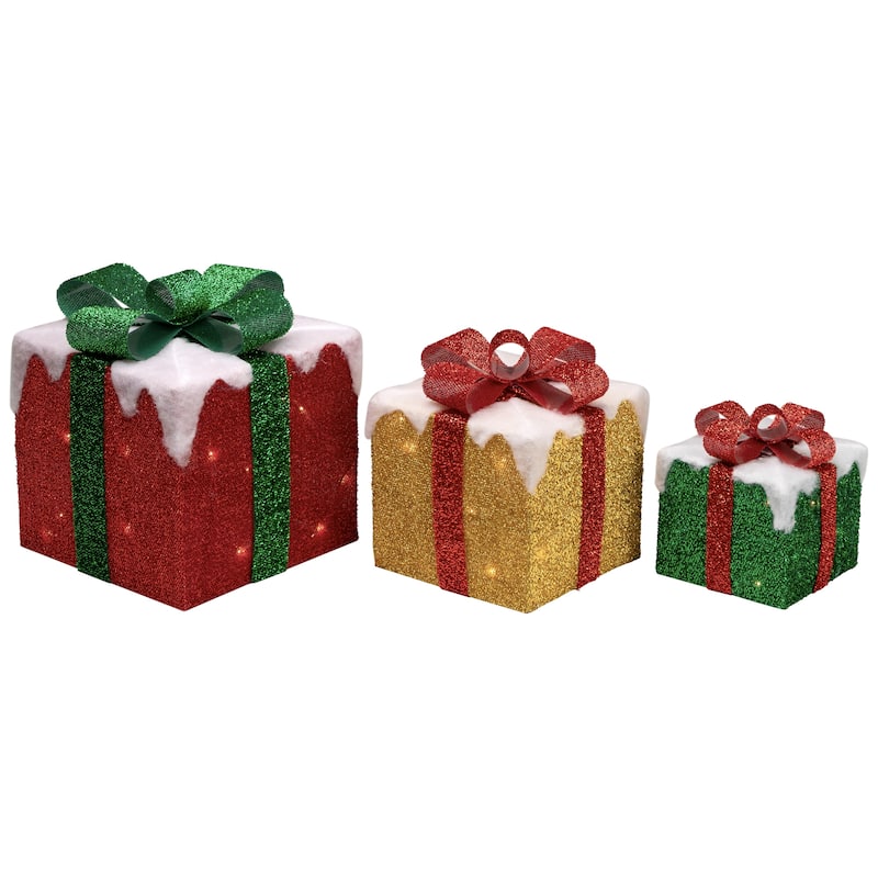 3 LED Green, Gold Red Snowy Gift Boxes Outdoor Christmas Decorations