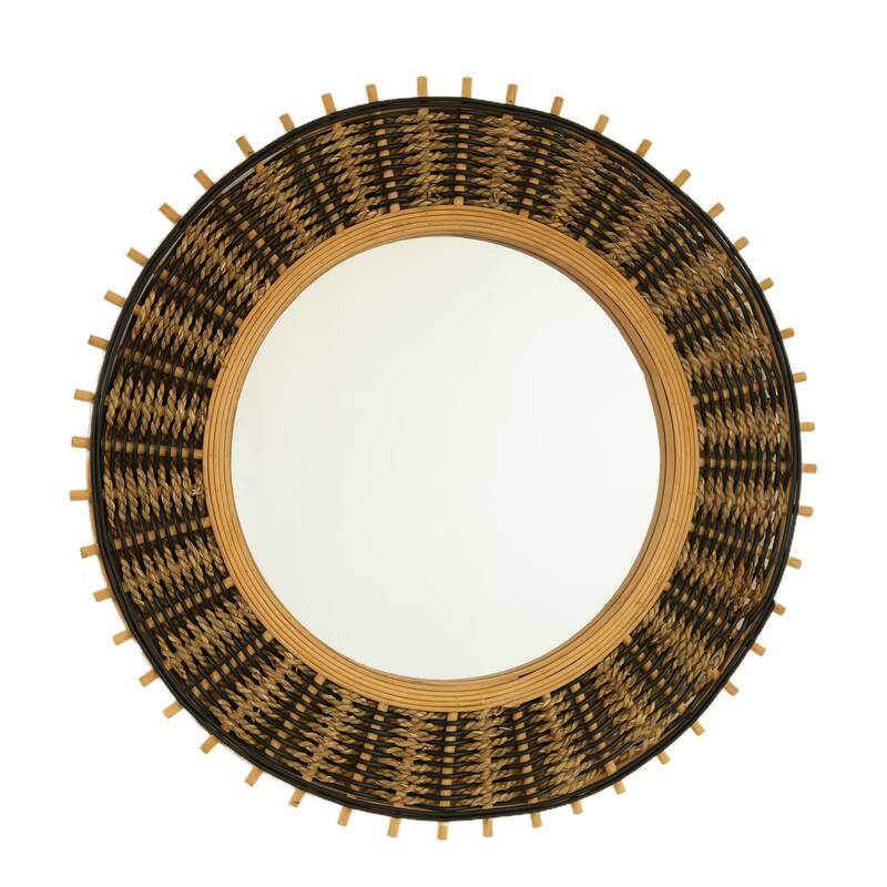 23" Round Bamboo Wall Mirror with Light Yellow & Black Hemp Rope