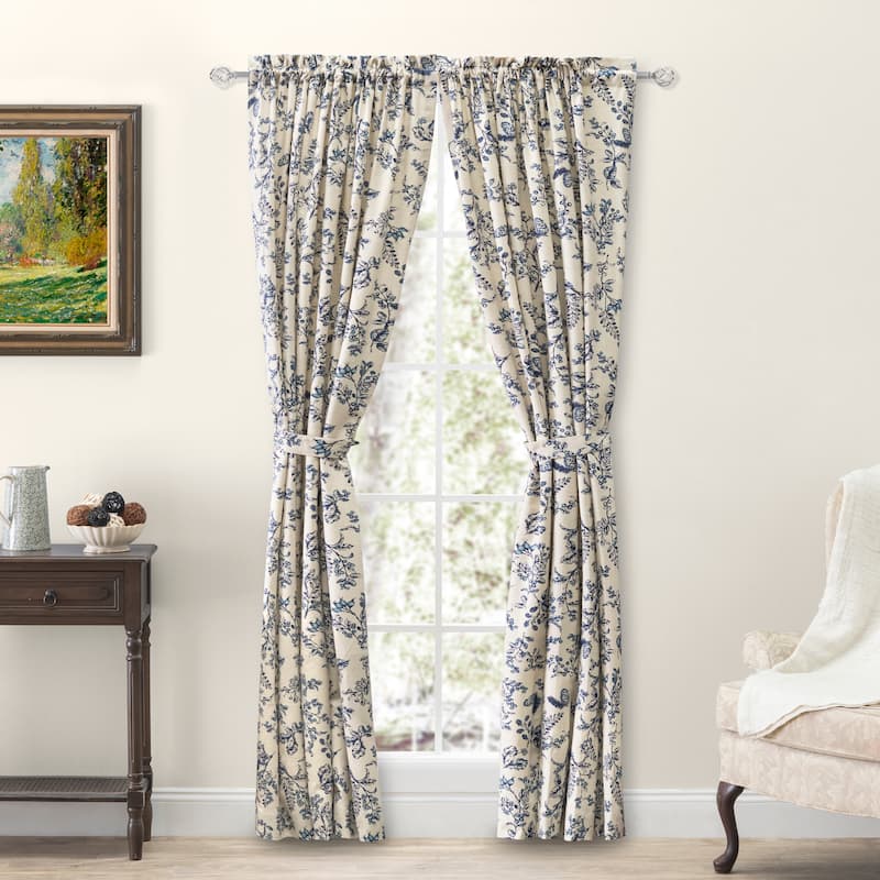 Waverly Gardens Tailored Panel Pair with tiebacks or Tailored Valance - 84"W x 63"L Panel Pair(42"W per panel) - Indigo