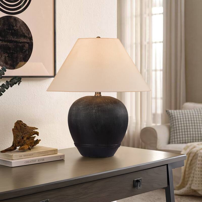 Ceramic Table Lamp with Linen Shade - Black smudged white - 15.7"W x15.7"Dx18.1"H