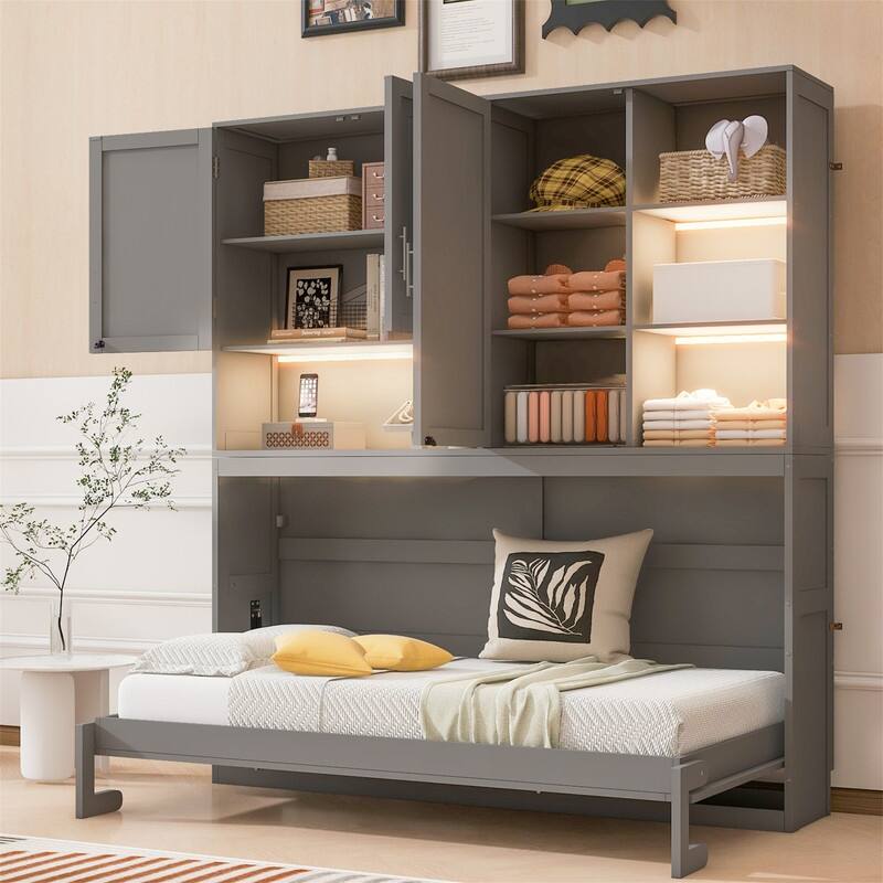 Twin Size Murphy Wall Bed with Top Cabinet and Light, Space Saving Foldable Murphy Cabinet Bed with USB Ports & Storage Shelves - Grey