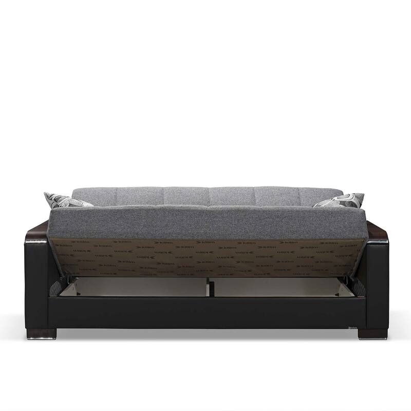 HomeRoots 87" Gray And Black Microfiber Convertible Futon Sleeper Sofa And Toss Pillows With Storage