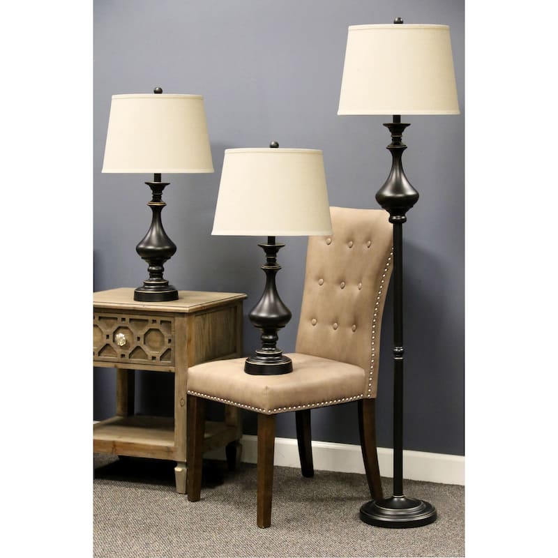 StyleCraft Madison Bronze Table and Floor Lamp Set - White Hardback Fabric Shade (Set of 3)