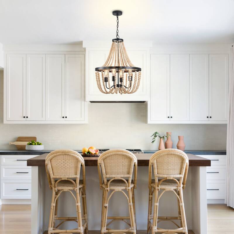 Farmhouse Beaded Chandelier Wood Chandelier Wood Bead Chandelier - 4-Light