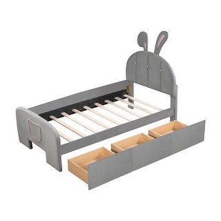 Twin Size Bed Gray Velvet Platform Bed with Guardrail, Rabbit-Shaped Headboard, Pull-out Drawers Storage Bed and Bed-end Pocket