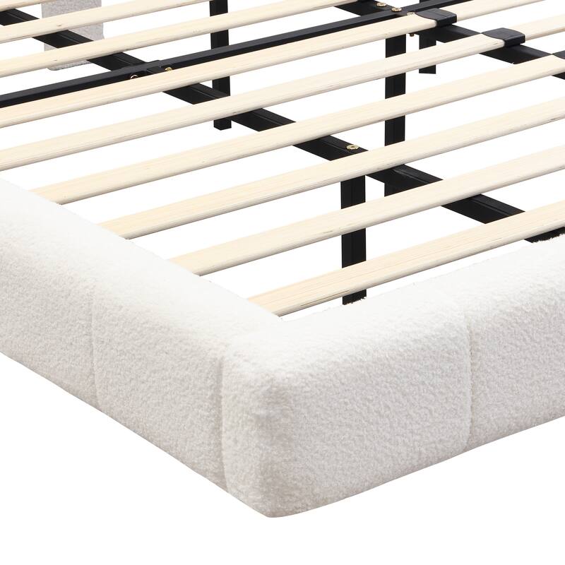 Queen Floating Bed with LED Lights - Soft Boucle Fabric, 800lbs Capacity, Easy Clean Design