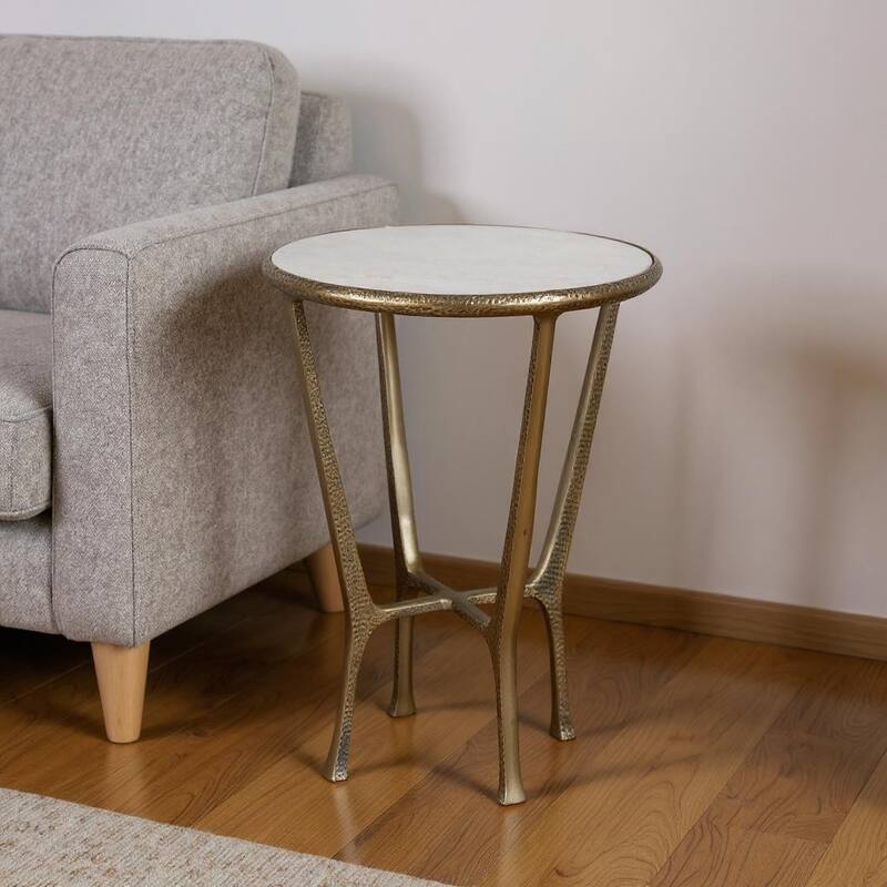 HomeRoots 23" White and Gold Distressed Marble and Aluminum Round End Table - 16.00 in. x 23.25 in. x 16.00 in. - White - Marble