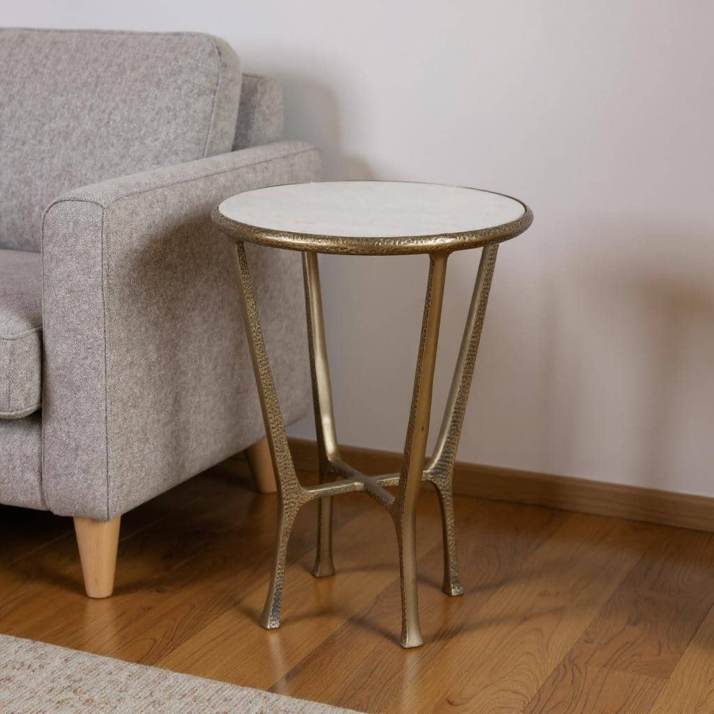HomeRoots 23" White and Gold Distressed Marble and Aluminum Round End Table - 16.00 in. x 23.25 in. x 16.00 in.