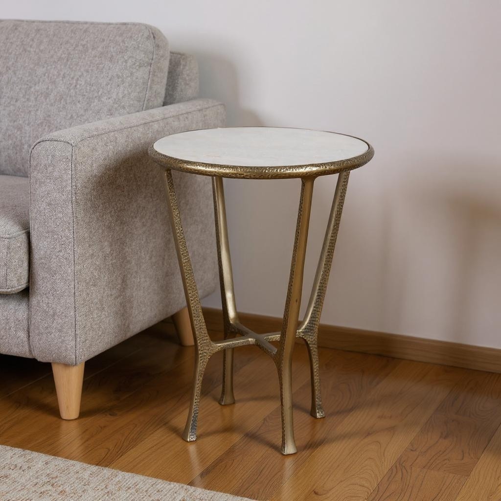 HomeRoots 23" White and Gold Distressed Marble and Aluminum Round End Table - 16.00 in. x 23.25 in. x 16.00 in.