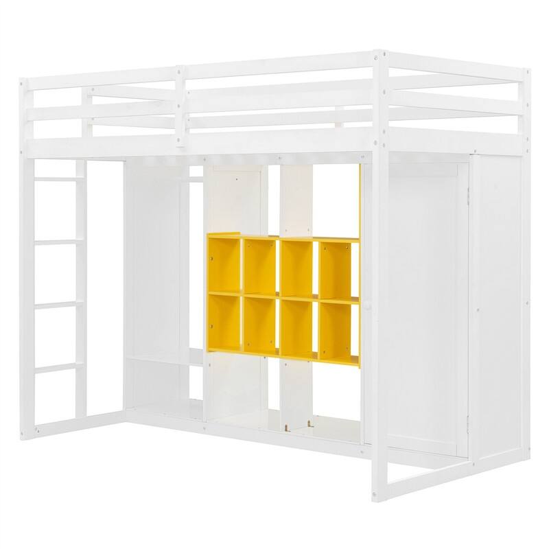 Twin/Full Size Loft Bed with Wardrobe and Cabinet, Wooden Loft Bedframe with Storage Shelves, Ladder and Guardrail for Kids