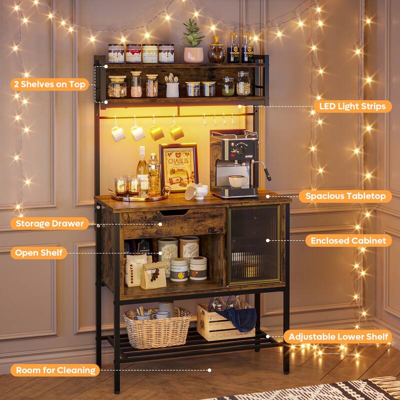 59 Inch LED Bakers rack, Kitchen Baker's Rack With hooks and Adjustable Shelf - 59″H×33.8″W