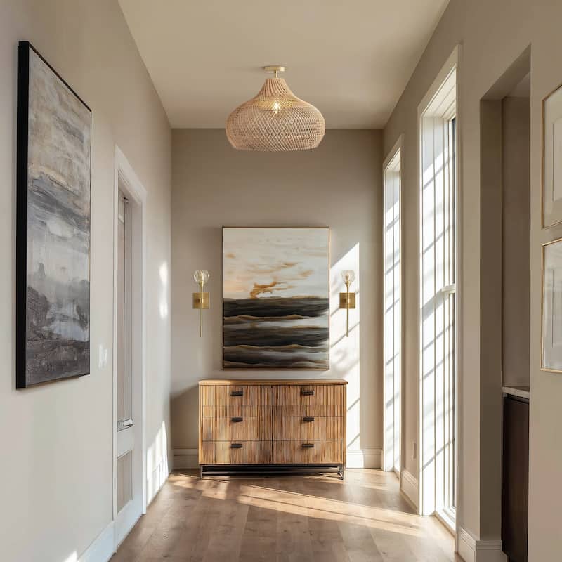 Kloe Rattan Flush Mount - Rattan Natural 1-Light Handwoven Ceiling Light for Bedroom or Dining Room in Farmhouse, Modern Style