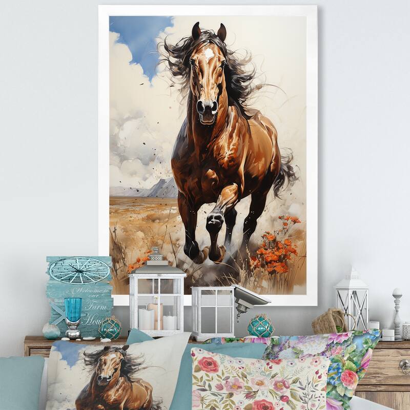 Designart "Brown Horse Galloping In The Wild" Horse Wall Decor Brown - Traditional Entryway Framed Wall Art - 16 in. wide x 32 in. high - White