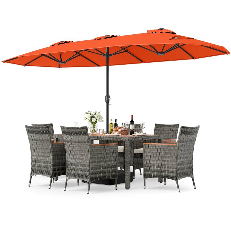 Gymax 8-Piece Patio Dining Set w/ Double-Sided Market Umbrella Acacia
