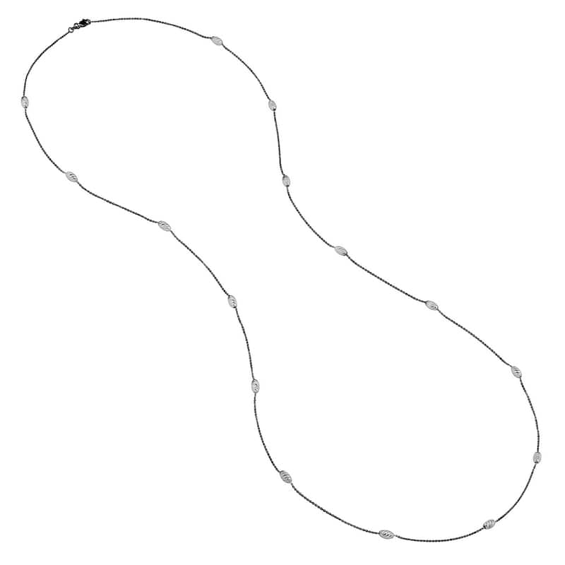 Curata 925 Sterling Silver Black and White 36" Etched Oval Bead Station Long Cable Chain Necklace
