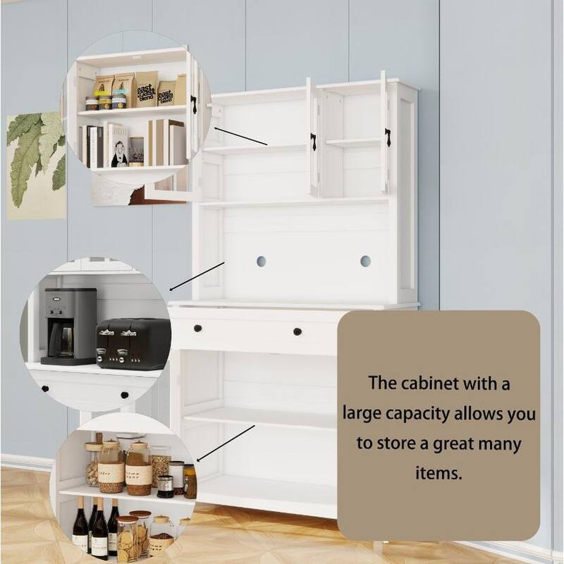 71" Freestanding Kitchen Pantry Cabinet with Microwave Shelf, Glass Doors, Adjustable Shelves, and Drawer